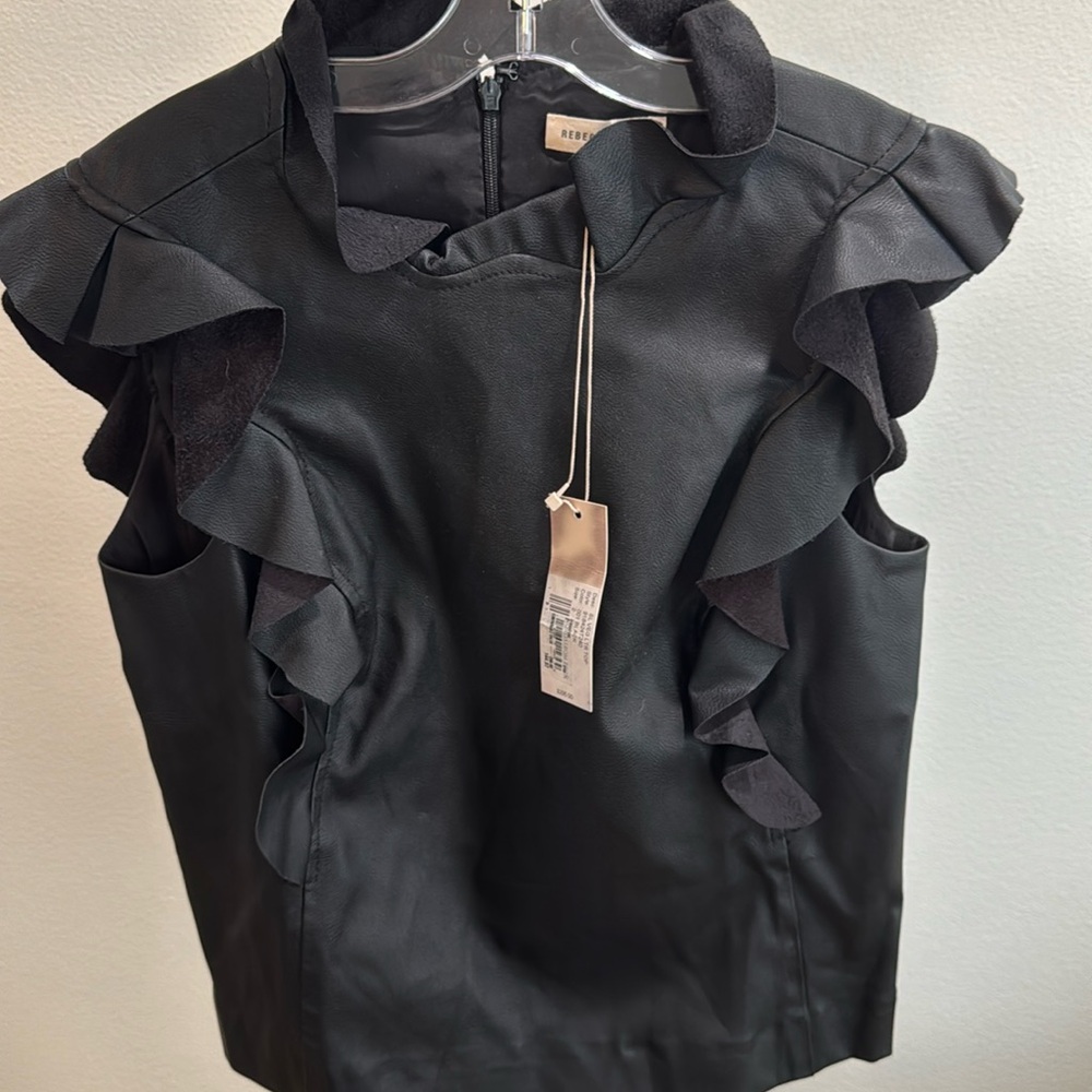 Rebecca Taylor Vegan Black Faux-Leather Ruffle Top Size 2 Sleeveless